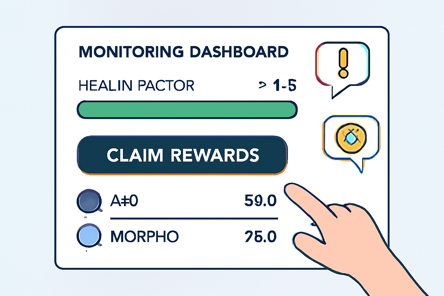 Monitoring dashboard with health factor >1.5, claiming ARB and MORPHO rewards, alerts and reward icons popping up” /></div>
<div class=