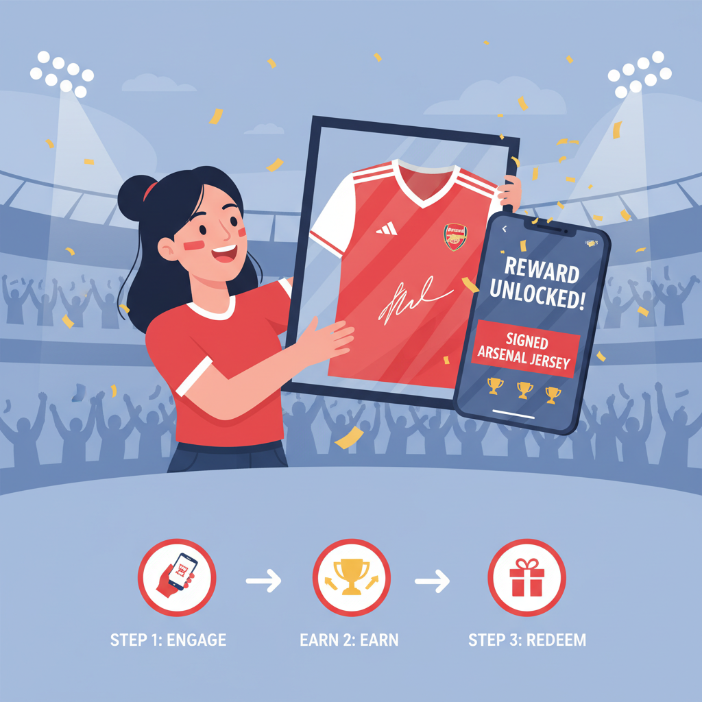 Excited Arsenal fan receiving signed jersey reward on Socios app, trophy icons and confetti, Emirates Stadium celebration