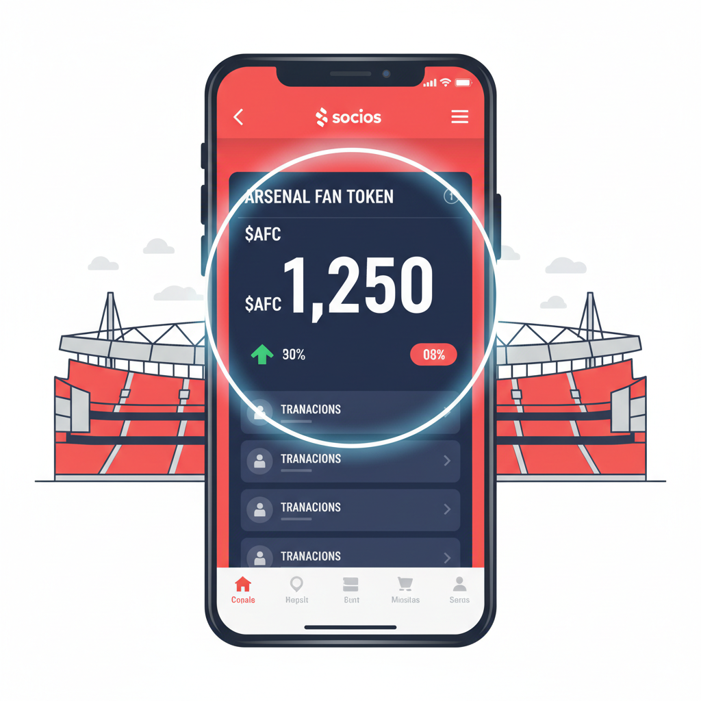 Smartphone screen showing Socios app wallet with Arsenal Fan Token $AFC balance, Arsenal stadium background, vibrant red and white colors