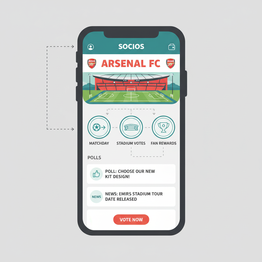 Socios app interface with Arsenal FC team page open, football pitch and Emirates Stadium icons, dynamic app navigation