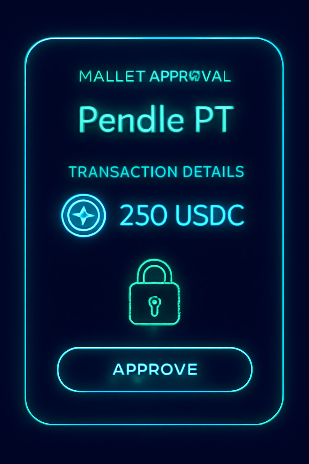 wallet approval screen for Pendle PT, transaction details with USDC icons, secure lock symbol, neon interface