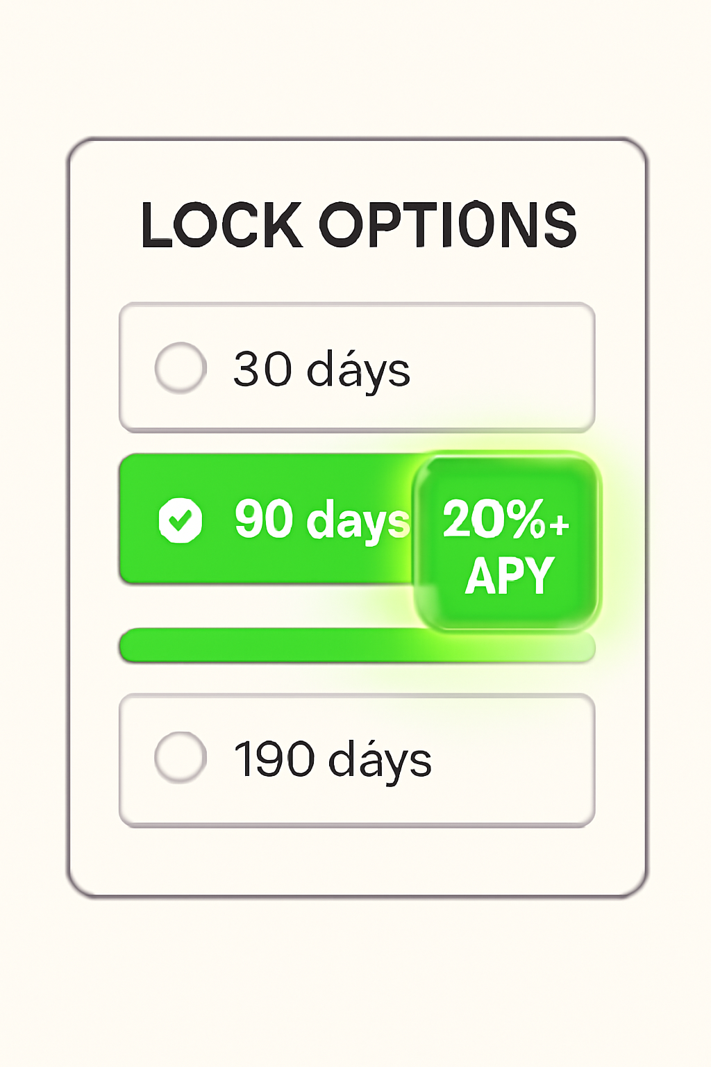 tiered lock options UI, 90-day tier selected with APY badge glowing 20%+, progress bar, vibrant green accents