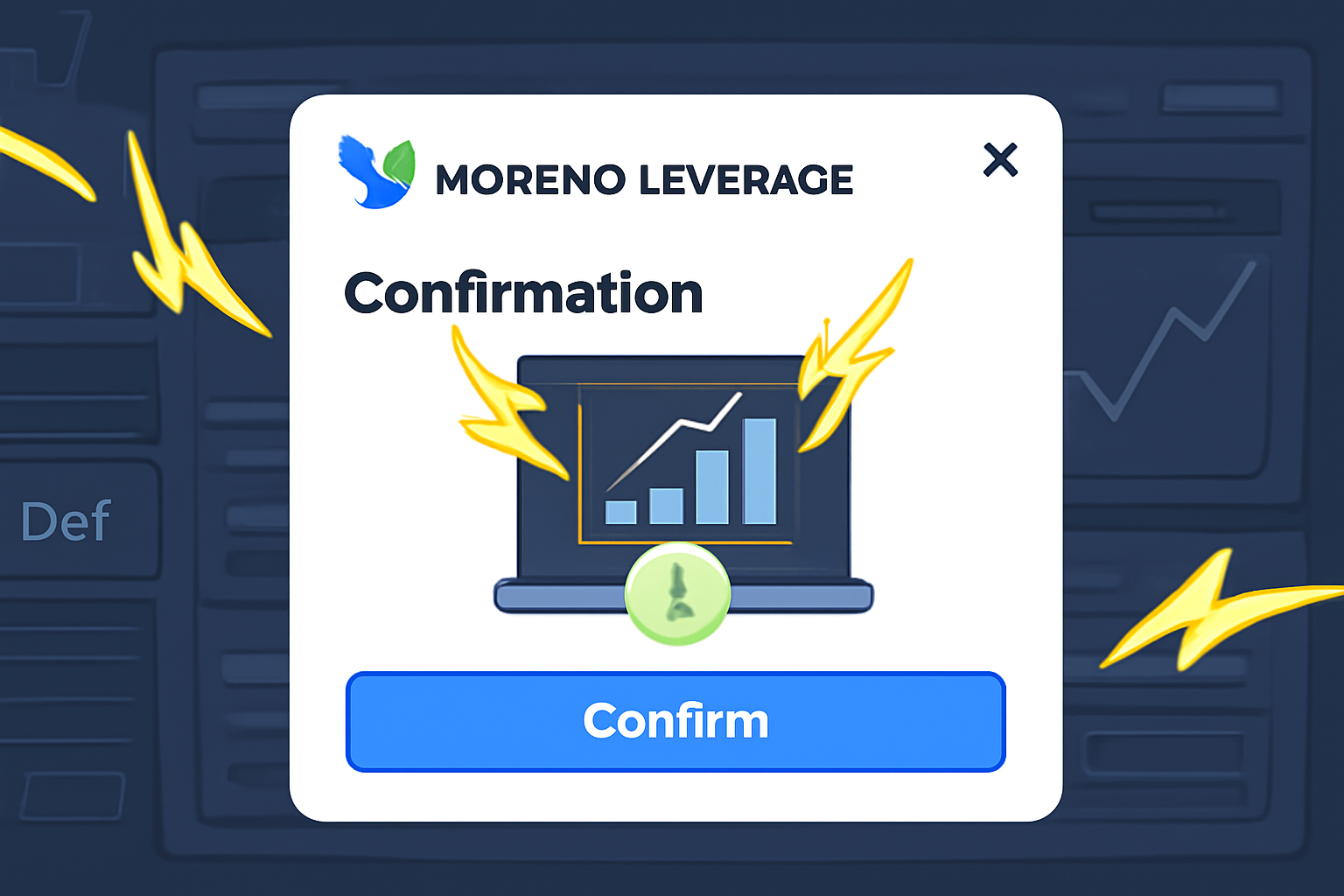 confirmation popup for Morpho leverage, flash lightning effects, APY charts spiking, high-tech DeFi terminal