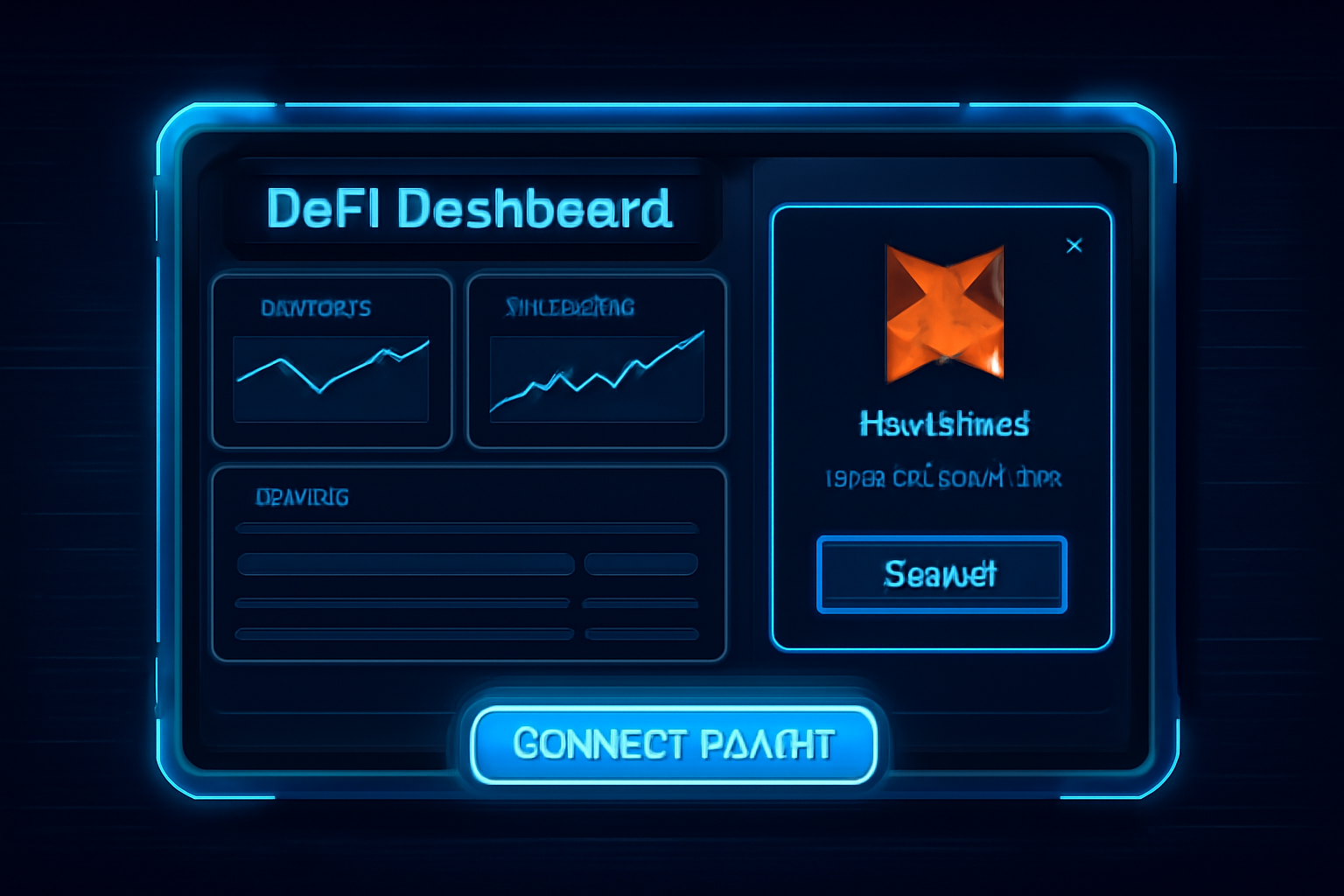 sleek DeFi dashboard with glowing 'Connect Wallet' button, MetaMask popup, futuristic blue UI, cyberpunk style
