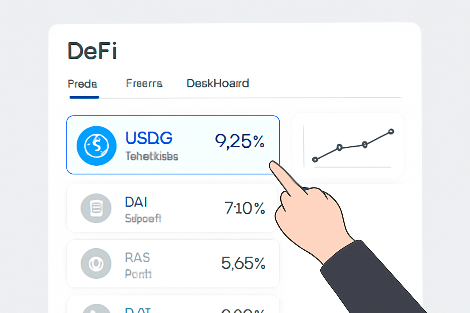DeFi interface showing USDC stablecoin pool highlighted, charts with stable yields, clean modern design