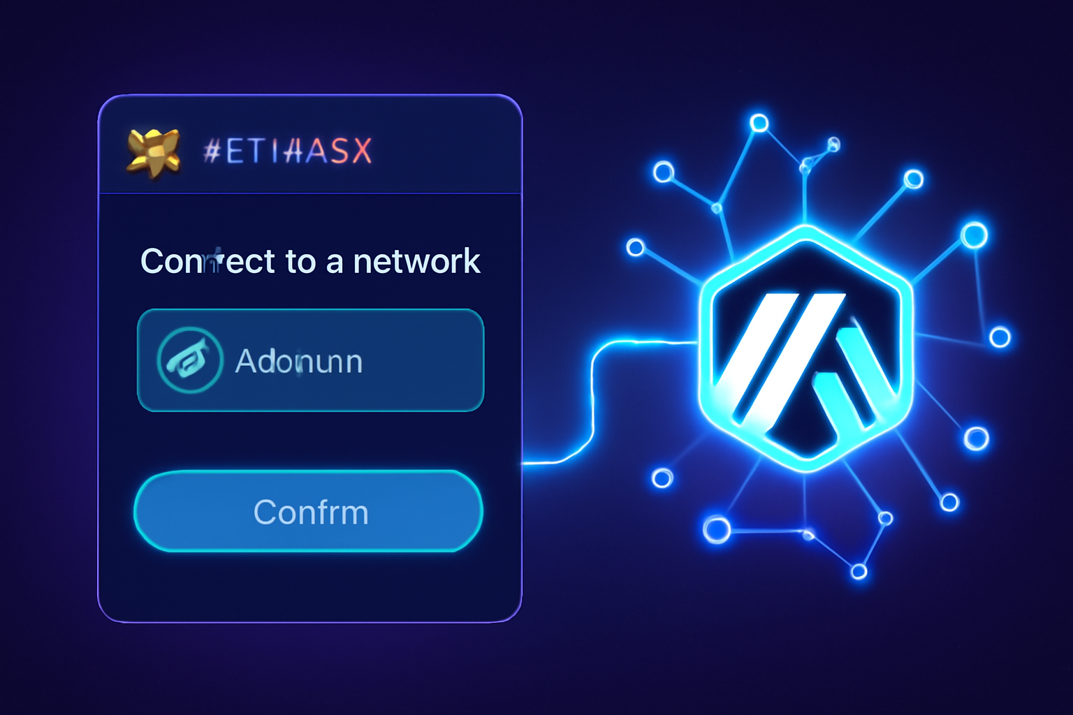 sleek MetaMask wallet interface connecting to glowing Arbitrum blockchain network, futuristic UI, neon blues and purples