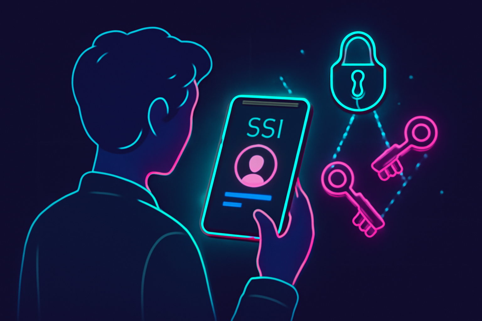 user creating glowing SSI profile on mobile app, decentralized identity keys forming, cyberpunk style