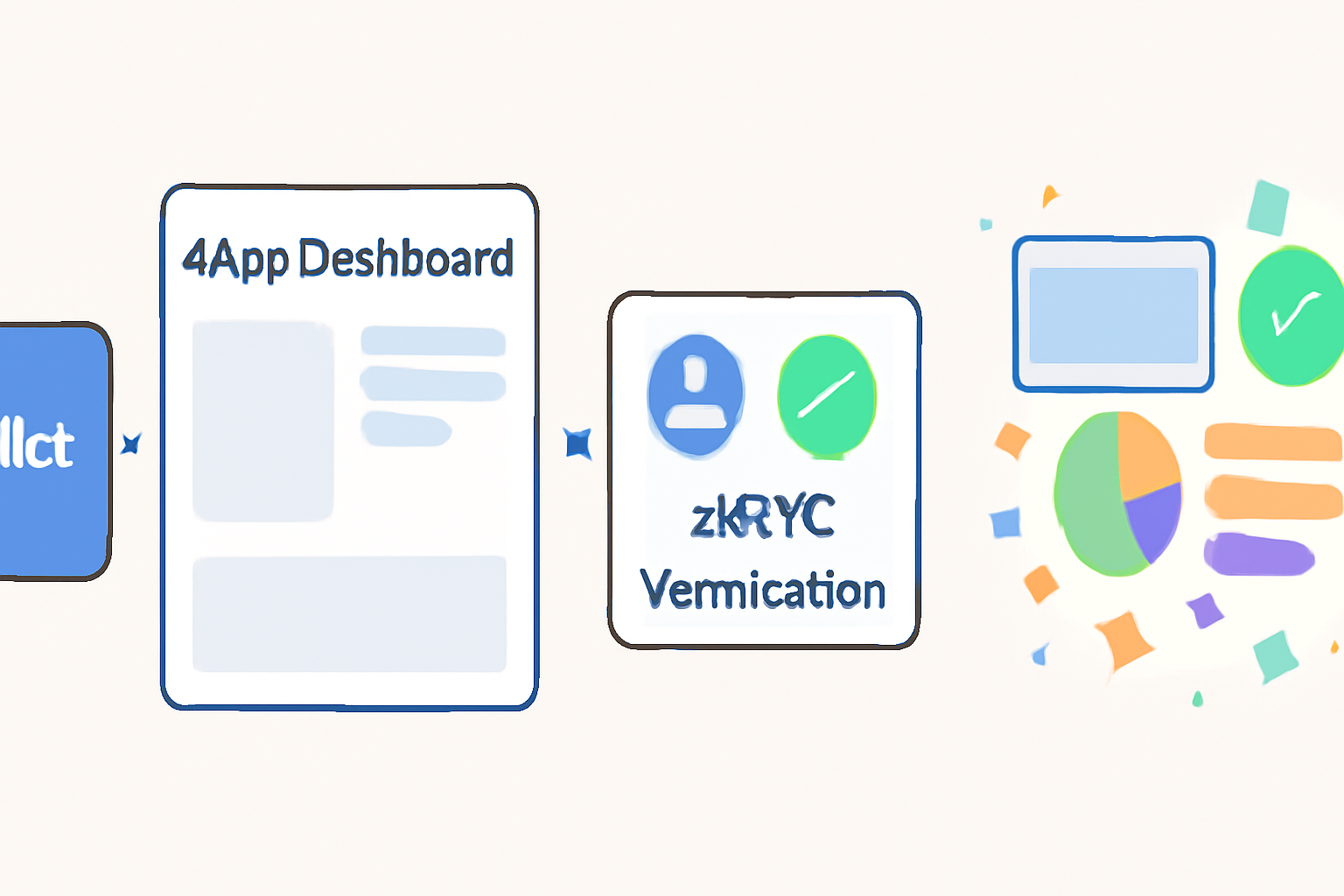 idOS wallet integrating with dApp dashboard, successful zkKYC verification flow, dynamic web3 interface explosion