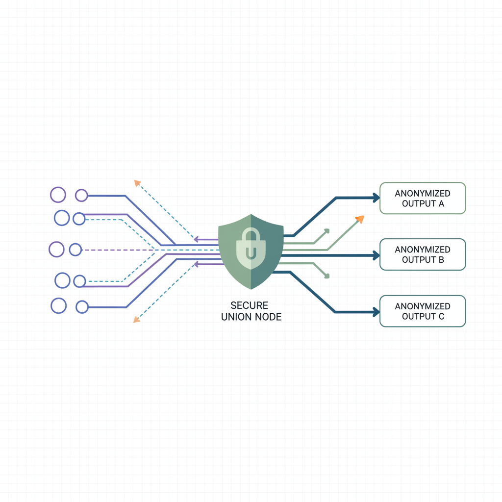 abstract data flow diagram anonymized signals connecting to secure union node
