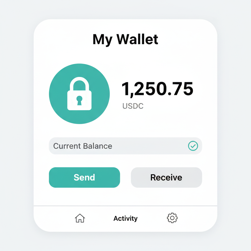 minimalist digital wallet interface displaying USDC balance secure lock icon