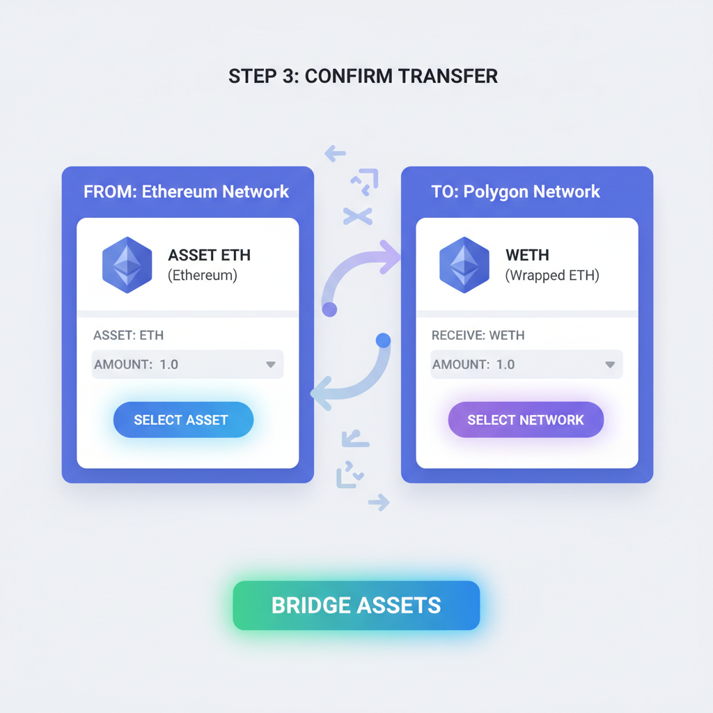 crypto wallet bridge UI cross-chain transfer Ethereum assets glowing buttons
