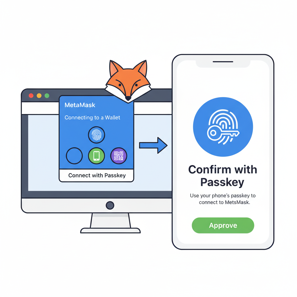 MetaMask browser extension connecting to mobile passkey wallet interface clean modern design