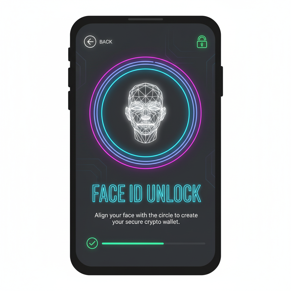 smartphone app screen biometric face ID unlock for crypto wallet creation futuristic neon UI