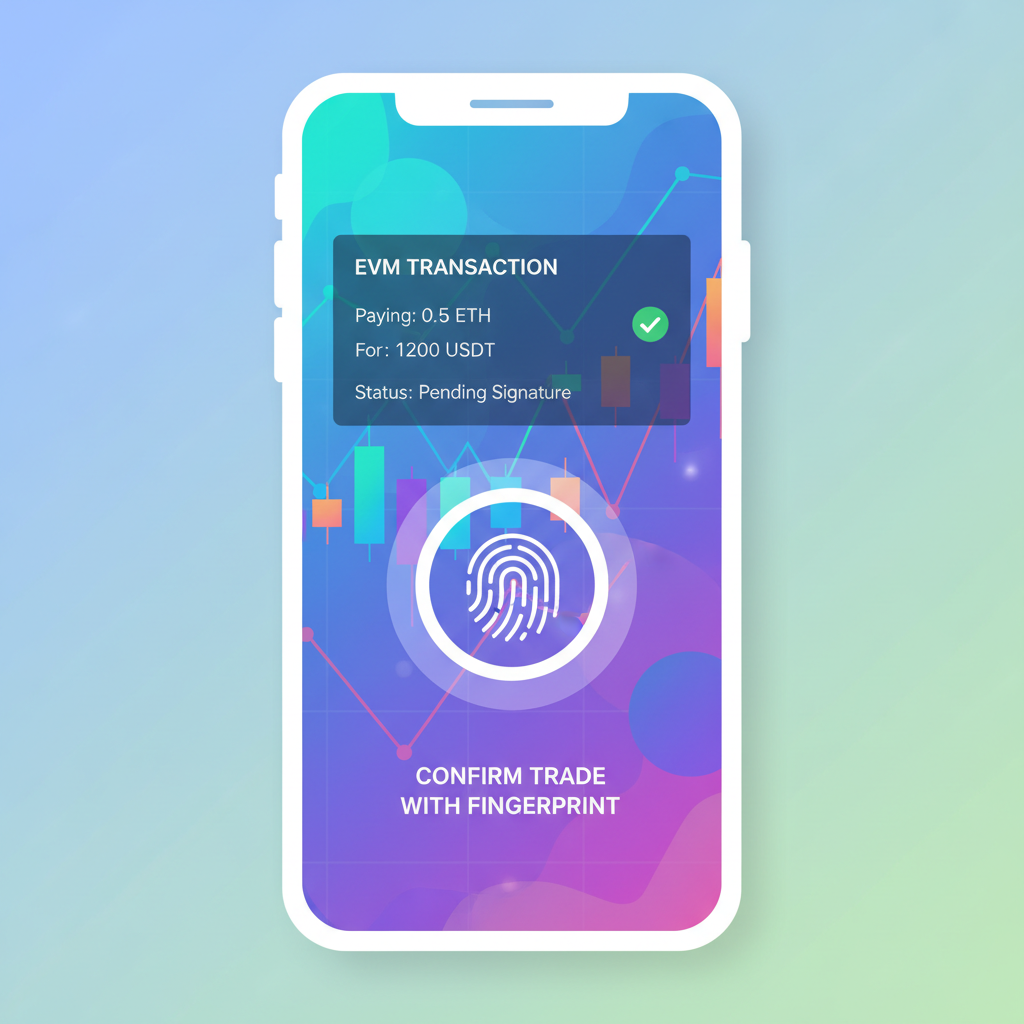 mobile biometric transaction signing screen EVM trade confirmation vibrant crypto charts