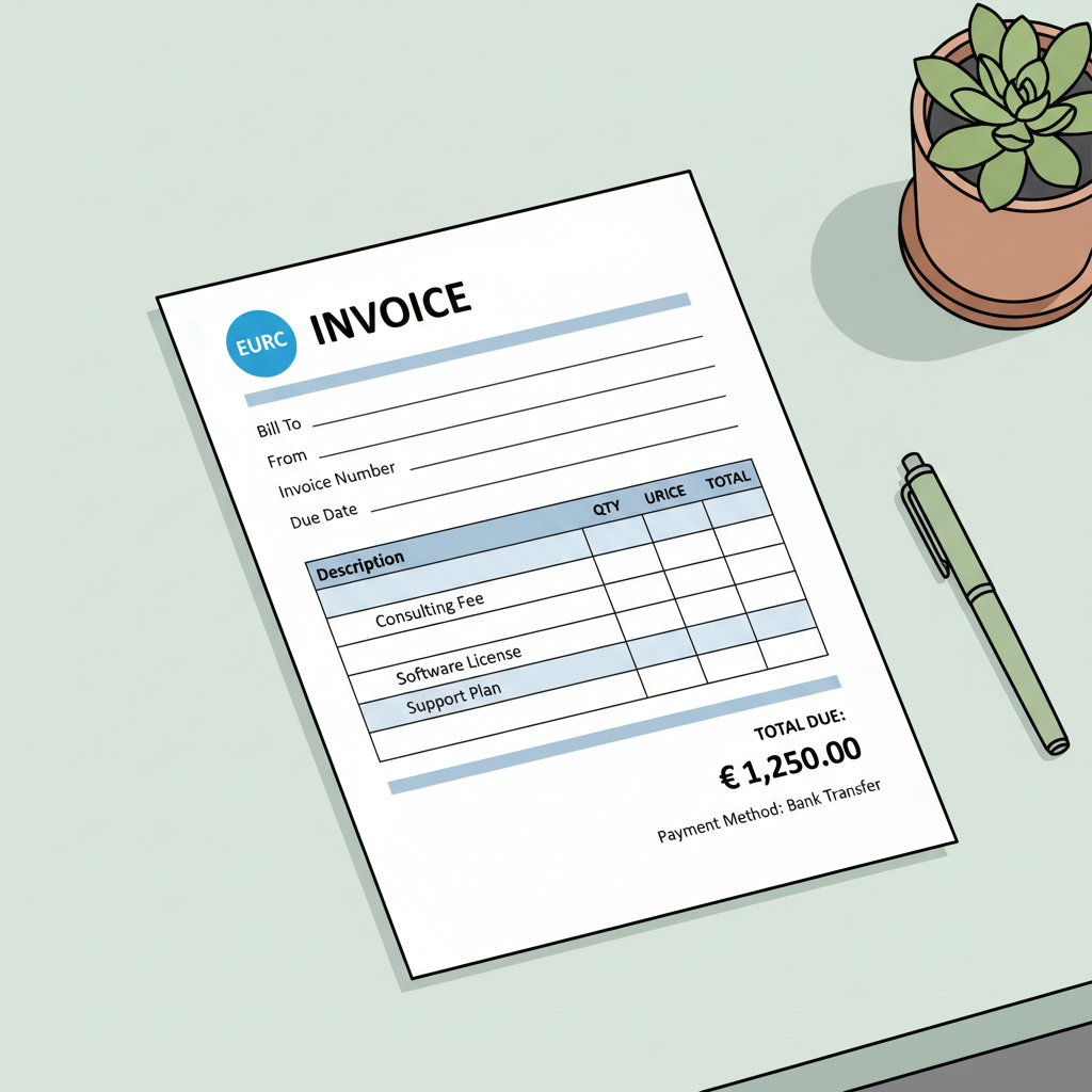 professional invoice document with euro symbol and EURC logo, clean desk background