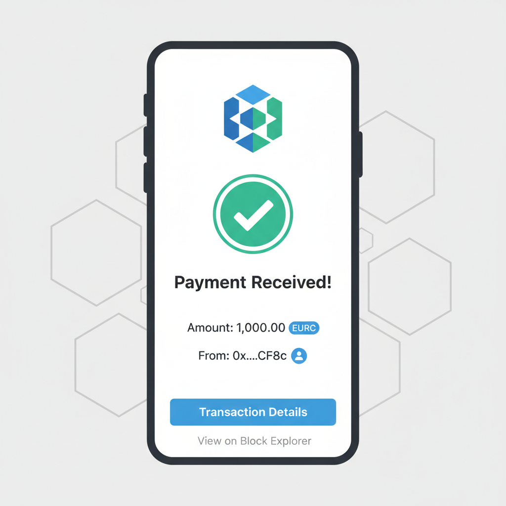 blockchain wallet receiving EURC payment transaction, success notification screen