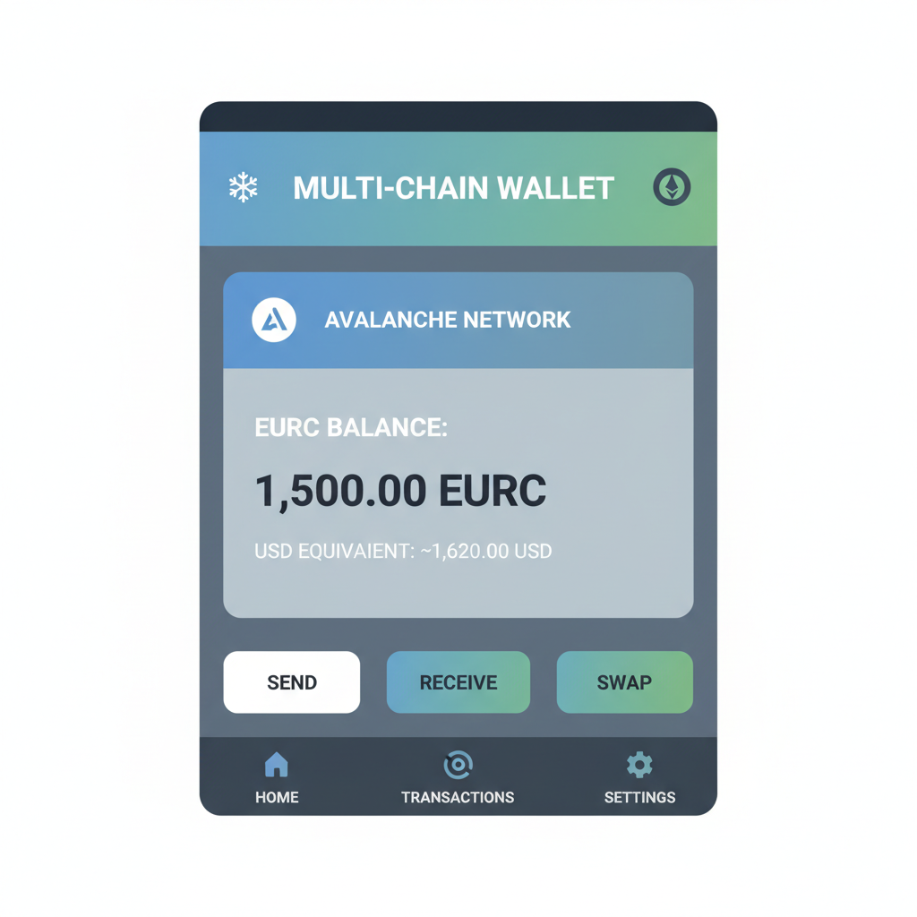 multi-chain crypto wallet interface displaying EURC balance on Avalanche network