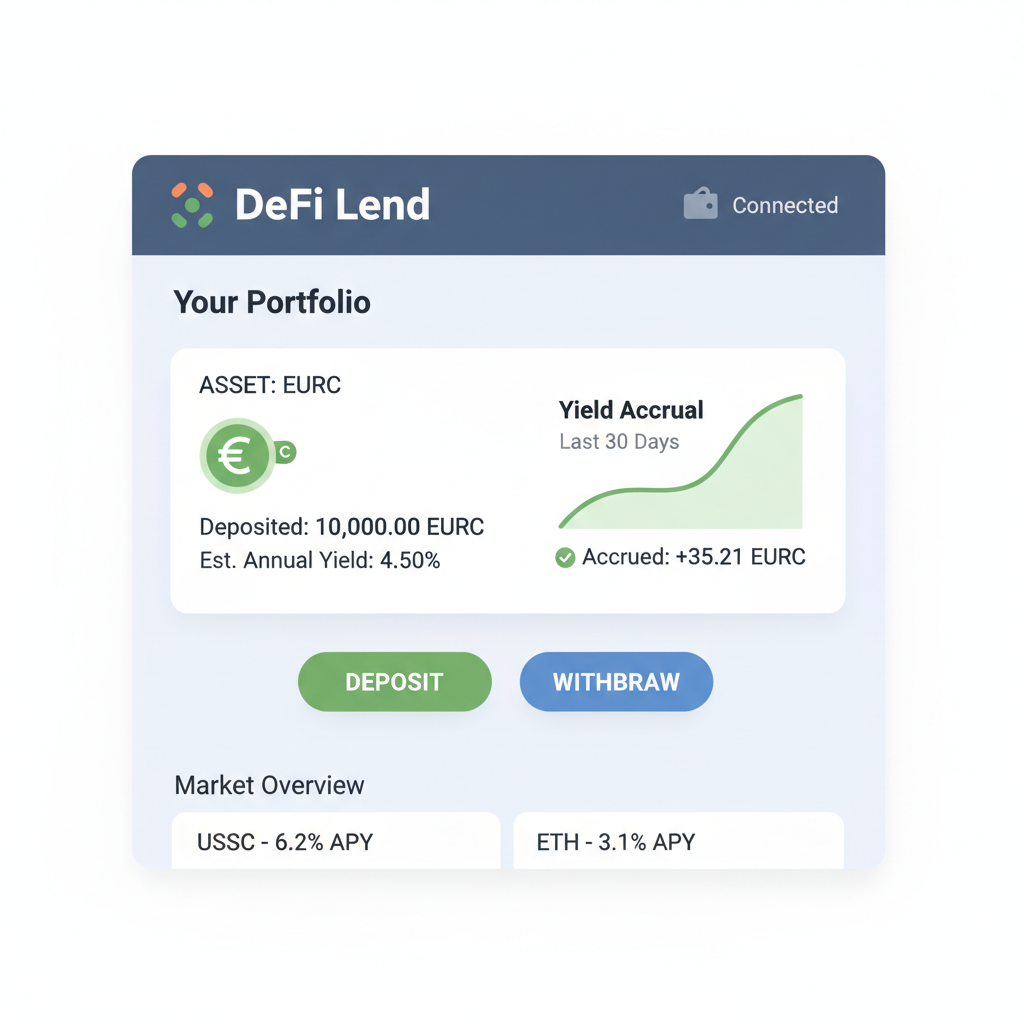 DeFi lending platform dashboard with EURC deposit and yield accrual graph
