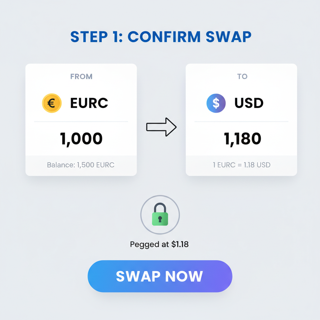 crypto exchange swap interface converting EURC at $1.18 peg to USD