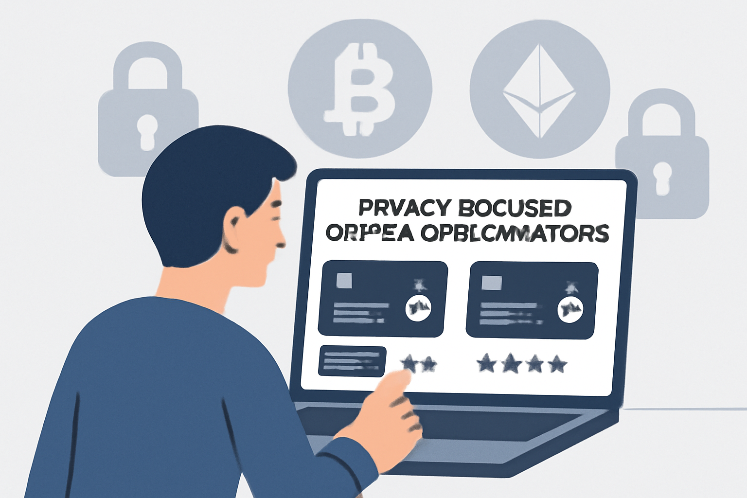 A person comparing privacy-focused crypto card providers on a laptop, privacy locks and crypto logos visible, clean and modern style