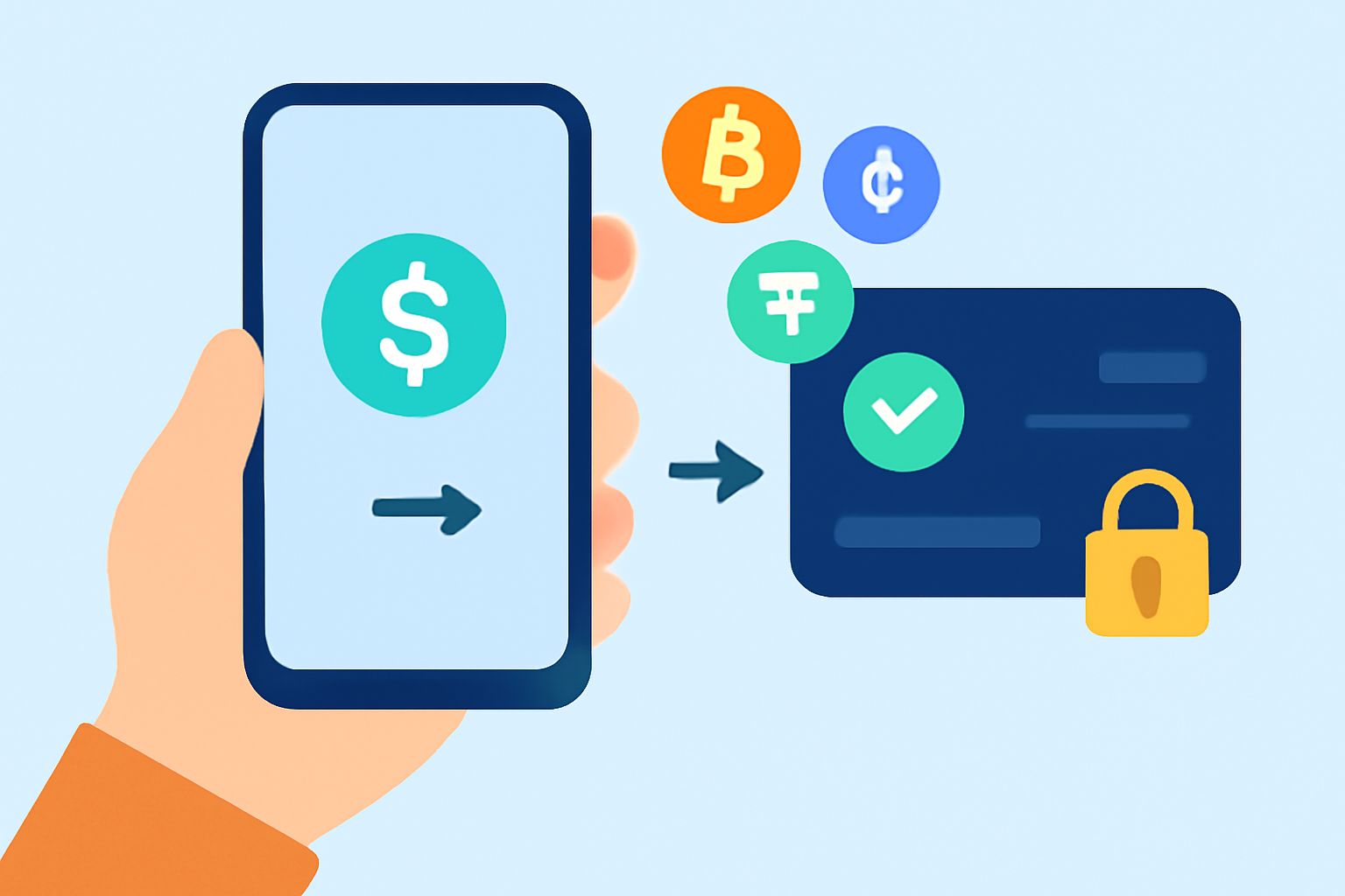 A hand holding a smartphone, transferring stablecoins to a digital card, with crypto coin symbols and a secure lock icon