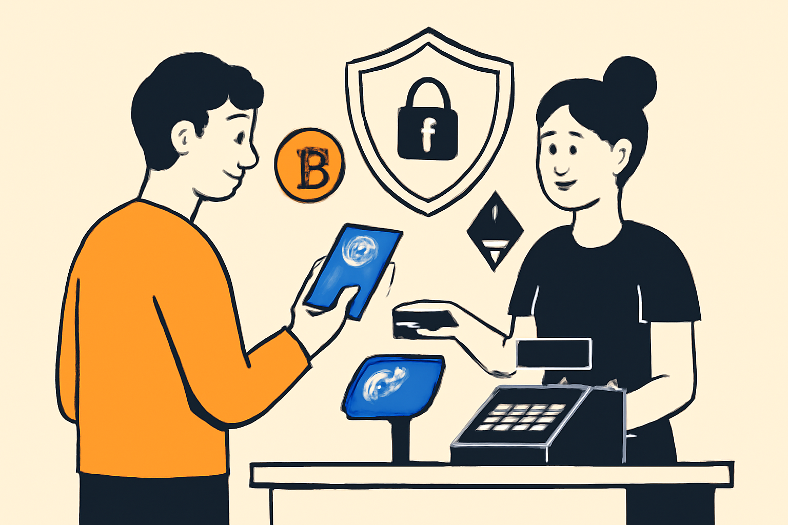 A person paying at a store counter with a digital card, cash register and crypto symbols present, privacy shield in background