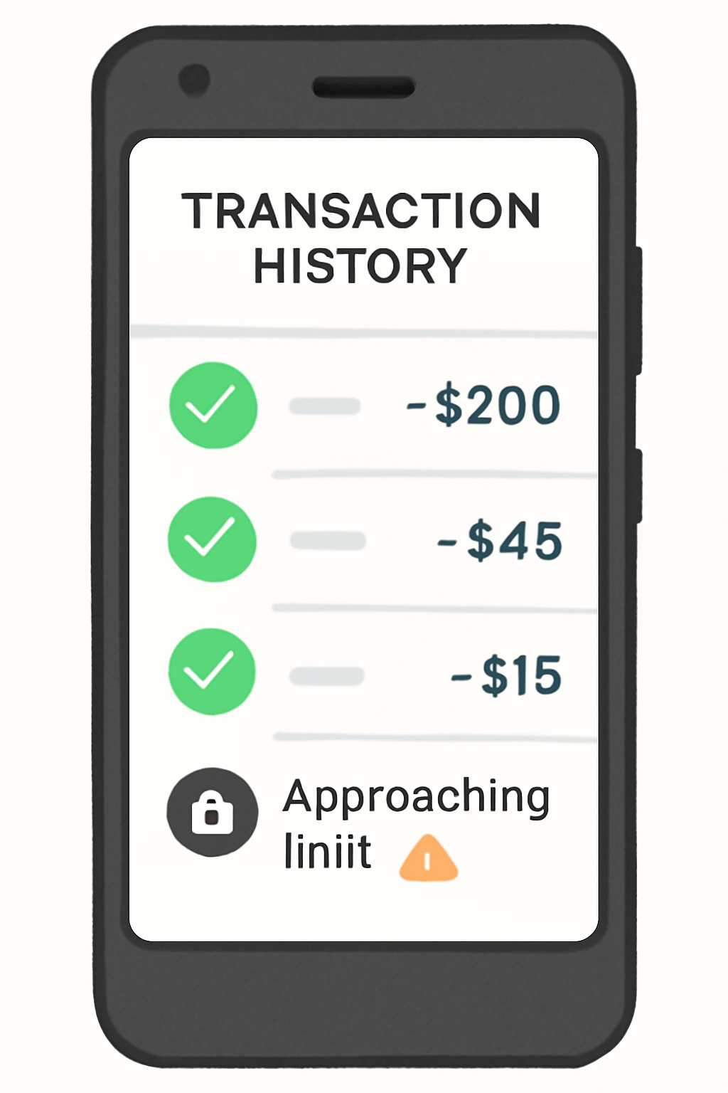 A smartphone screen displaying a transaction history with green check marks, privacy icons, and a warning for approaching limits