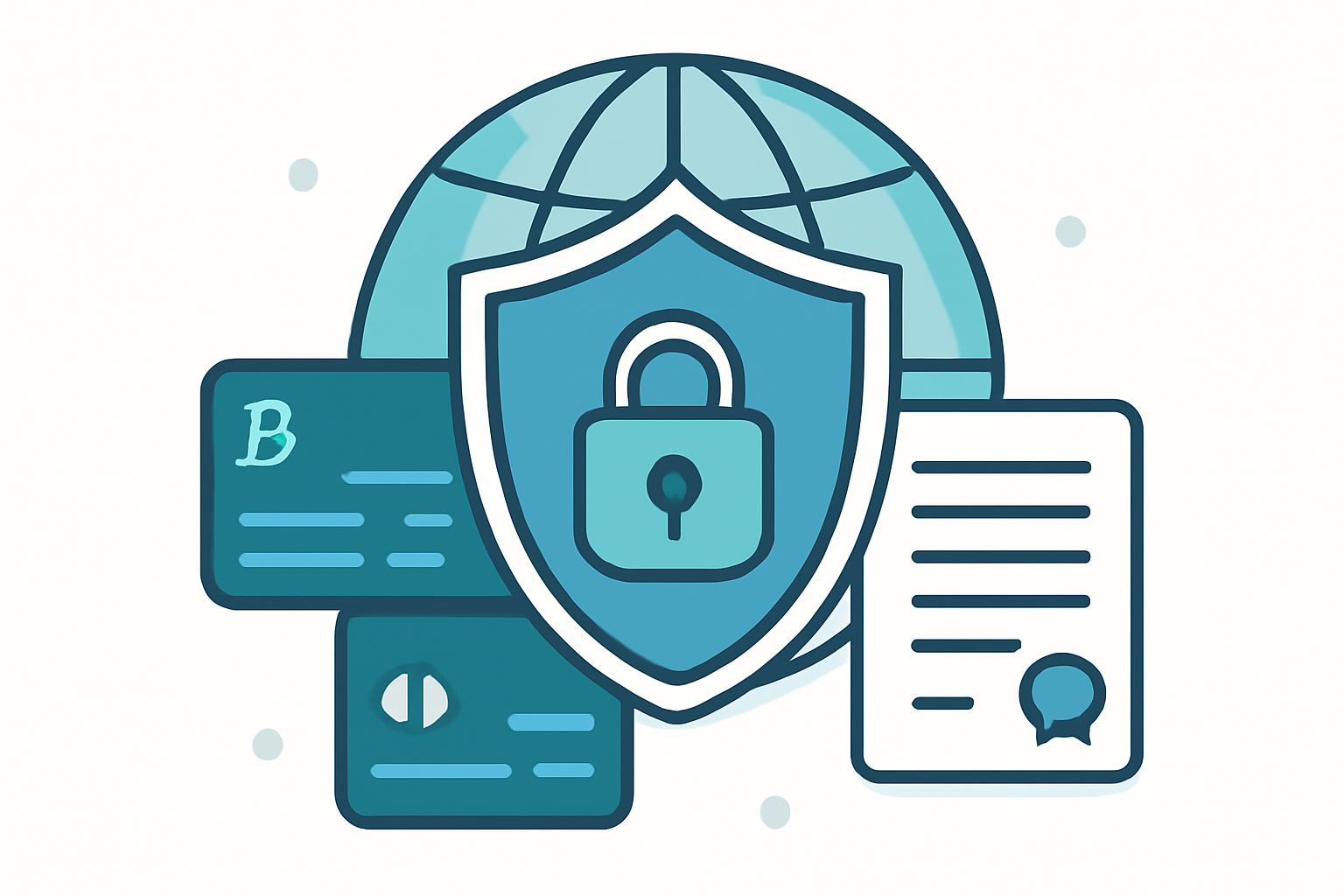 A shield and padlock over a globe, with crypto cards and legal documents surrounding, in a trustworthy, modern style