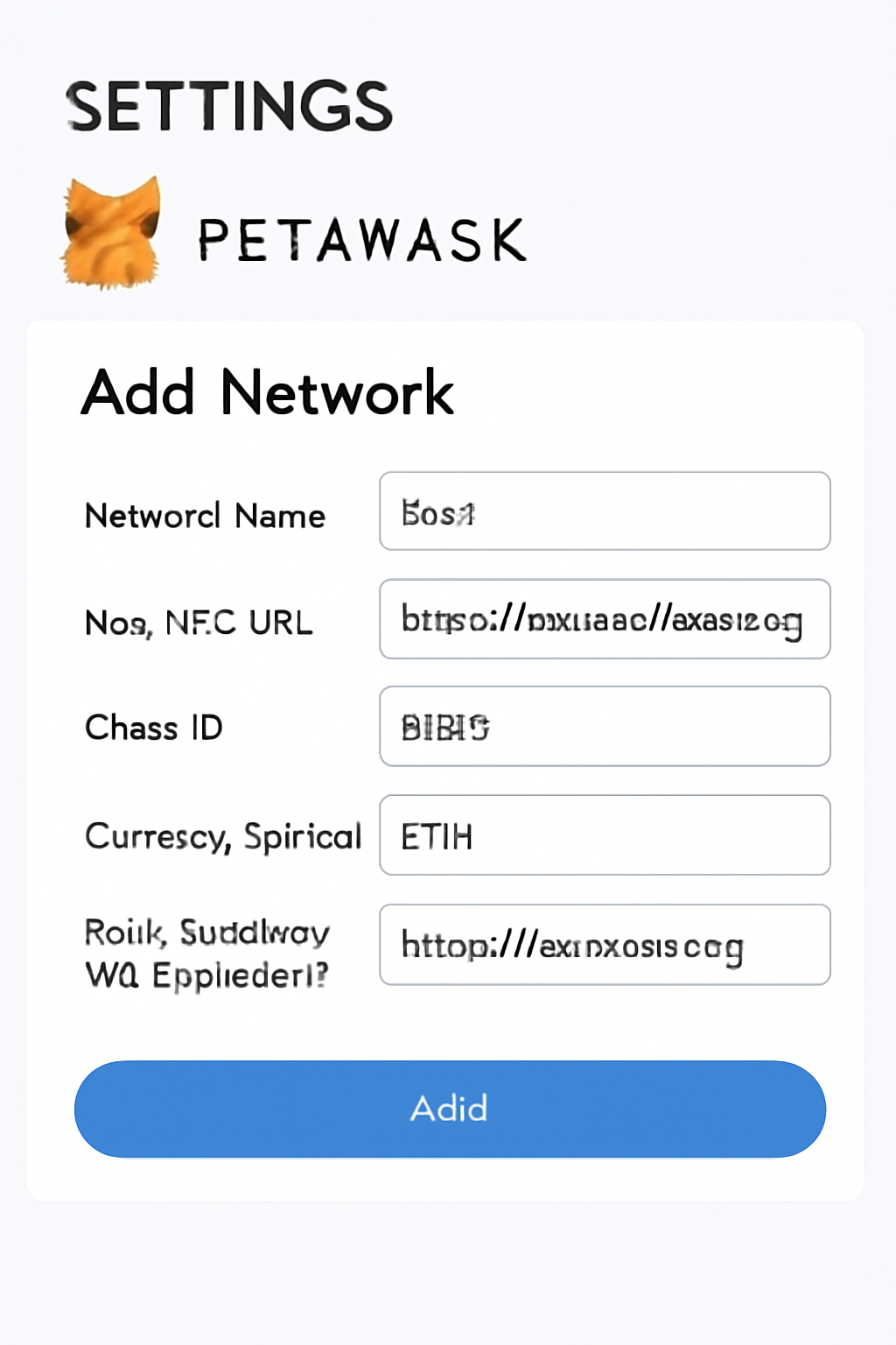 MetaMask settings page with the 'Add Network' form filled in for the Base network, showing network details being entered.