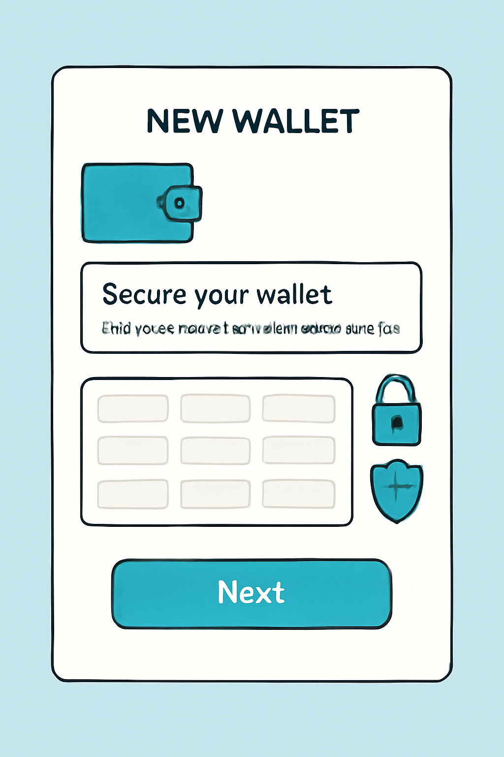 A digital wallet interface showing the creation of a new wallet and a secure backup of a seed phrase, emphasizing security.