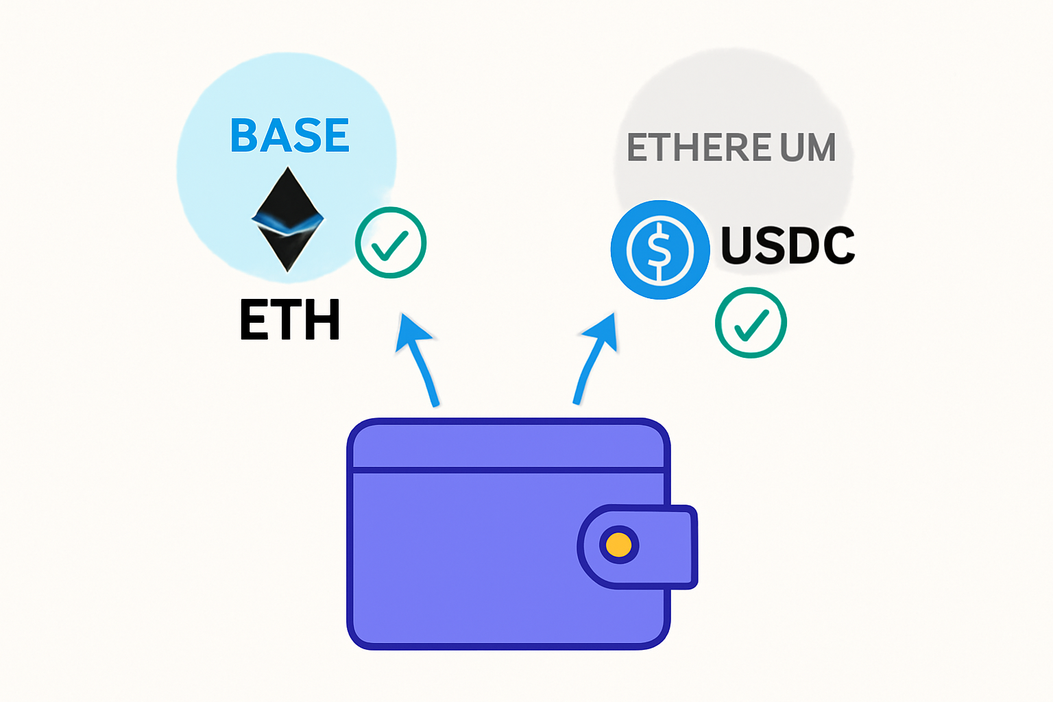 A digital wallet receiving ETH and USDC, with clear distinction between Base and Ethereum networks, and transaction confirmations.