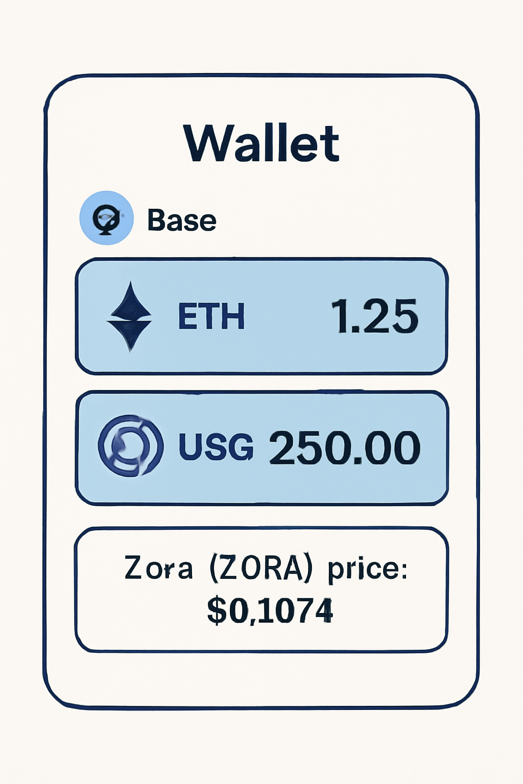 A wallet dashboard showing ETH and USDC balances on the Base network, with a note referencing the Zora (ZORA) price at $0.1074.