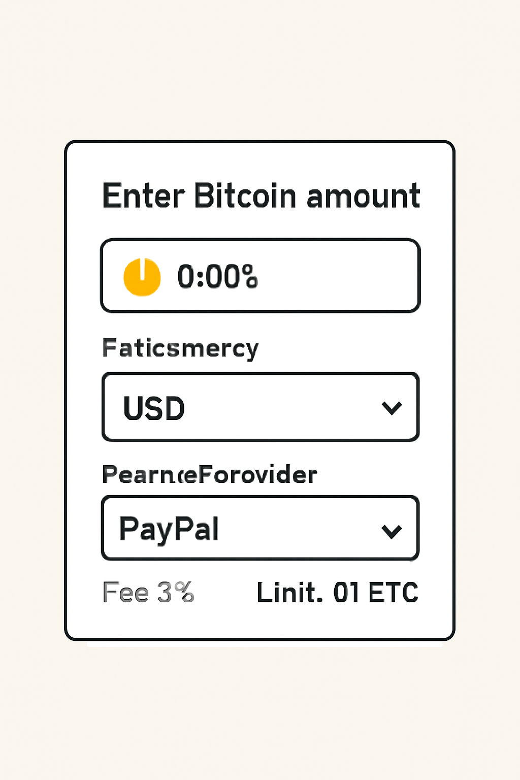 A form where the user enters Bitcoin amount, selects USD as fiat currency, and chooses a payment provider, with fee and limit details visible.