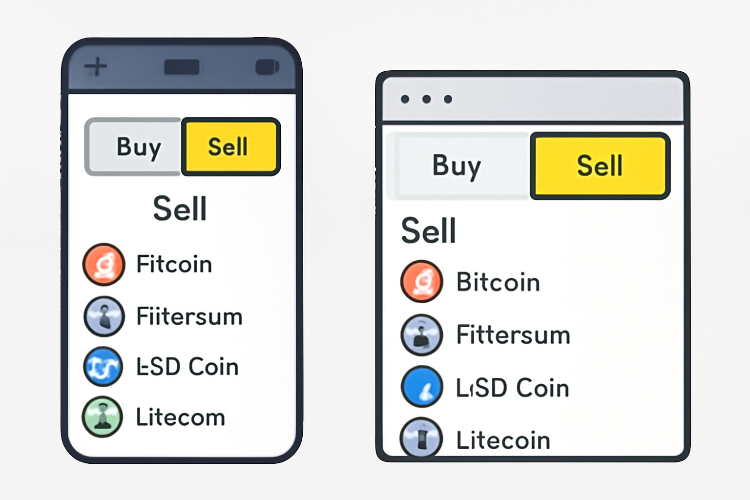 A user interface with a highlighted 'Sell' button on a mobile app and a 'Sell' tab selected on a browser extension, both showing crypto options.