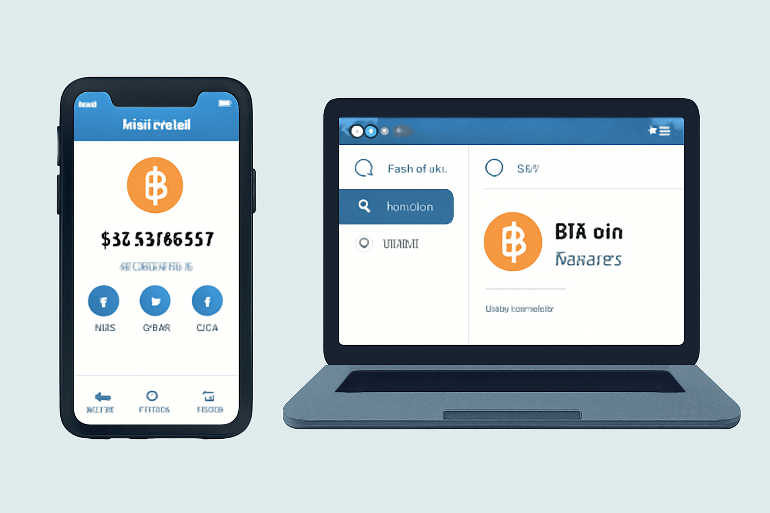 A smartphone displaying the Trust Wallet app home screen and a laptop showing the Trust Wallet browser extension dashboard, both with a Bitcoin logo visible.