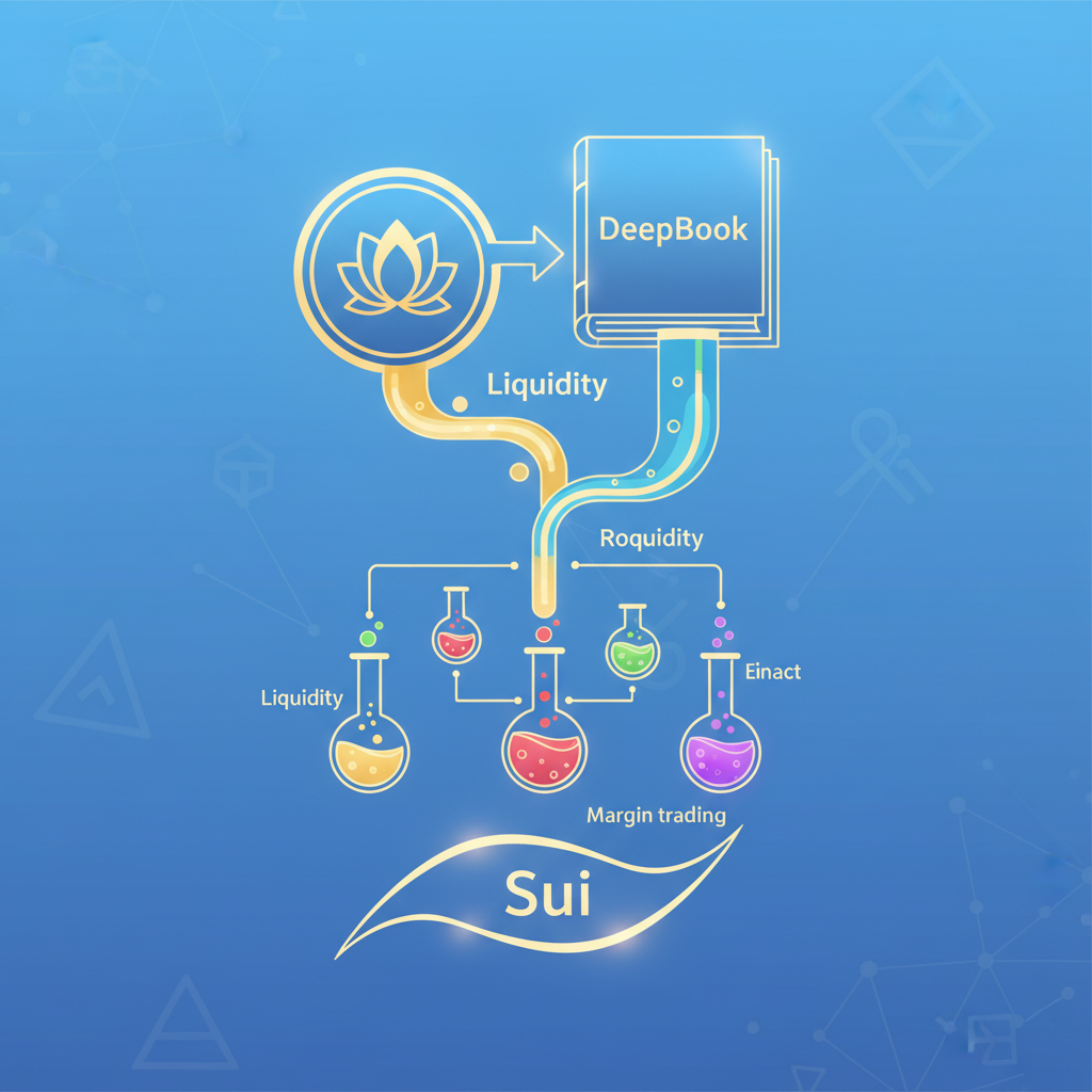 magical alchemy activation with Lotus Finance logo integrating into DeepBook margin trading, glowing potions and liquidity flows on Sui