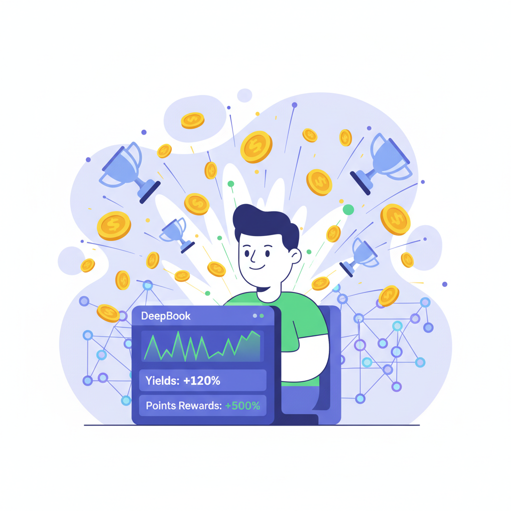 user claiming glowing yields and points rewards from DeepBook dashboard, coins and trophies exploding, celebratory Sui blockchain background