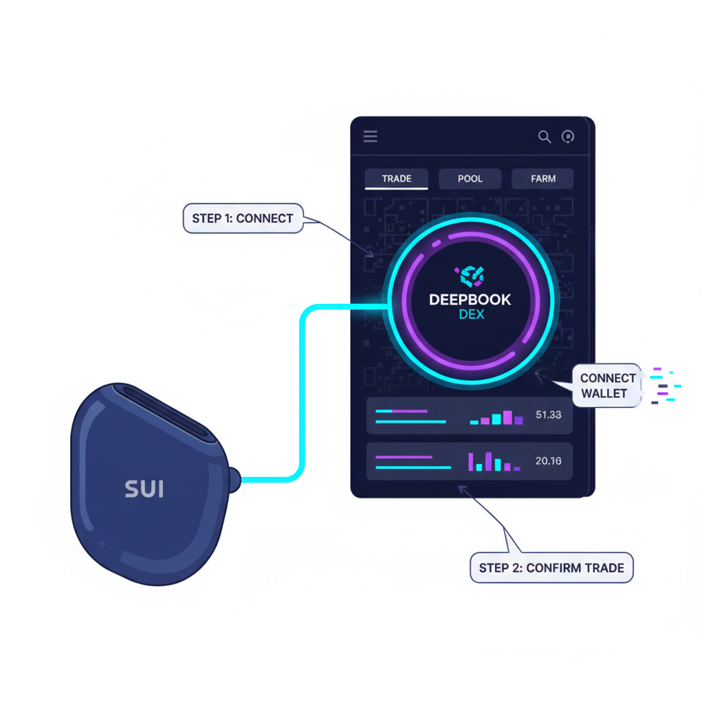 sleek crypto wallet connecting to glowing DeepBook DEX interface on Sui blockchain, neon blue hues, futuristic UI dashboard