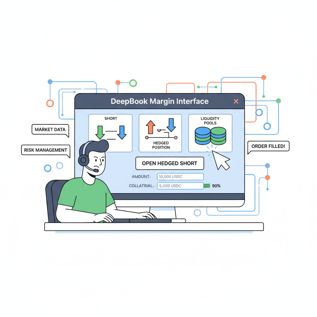 trader opening hedged short position on DeepBook margin interface, charts with short arrows and liquidity pools, intense trading vibe