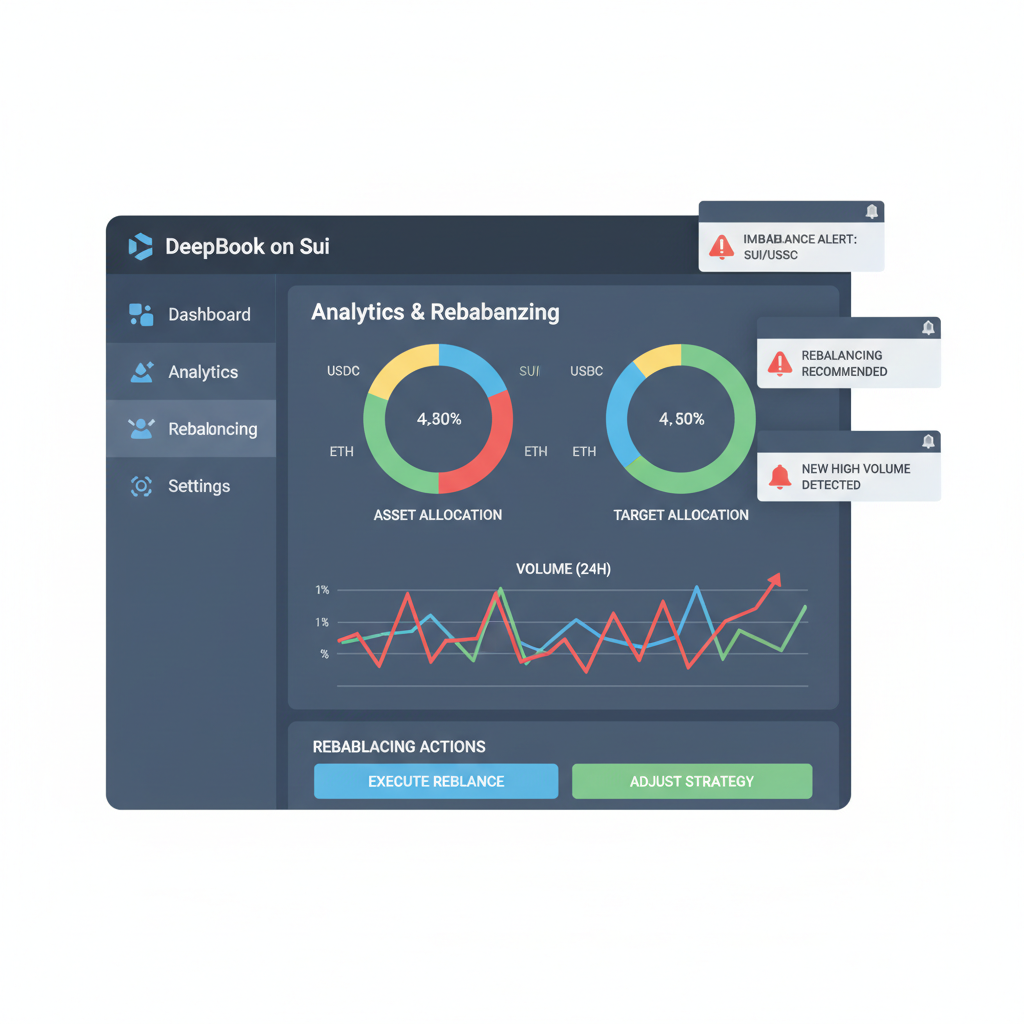 dashboard with analytics alerts and rebalancing charts for DeepBook on Sui, volume graphs spiking, alert notifications popping