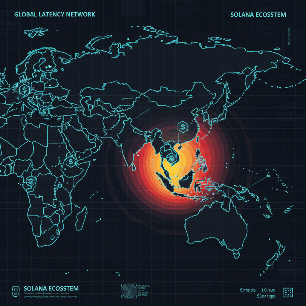 world map highlighting Southeast Asia user clusters with Solana node icons, low-latency heat map, technical cyberpunk style