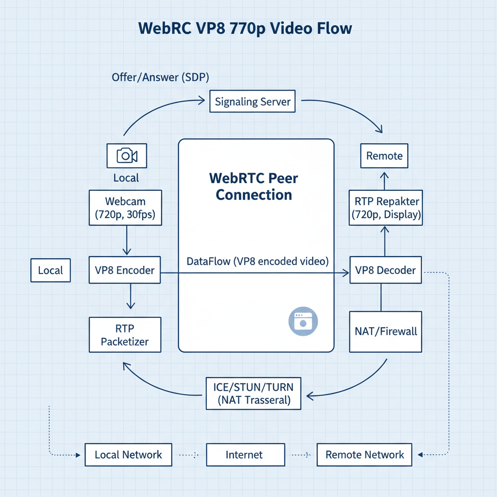 WebRTC config diagram VP8 codec 720p video cap, network flow arrows, clean technical blueprint