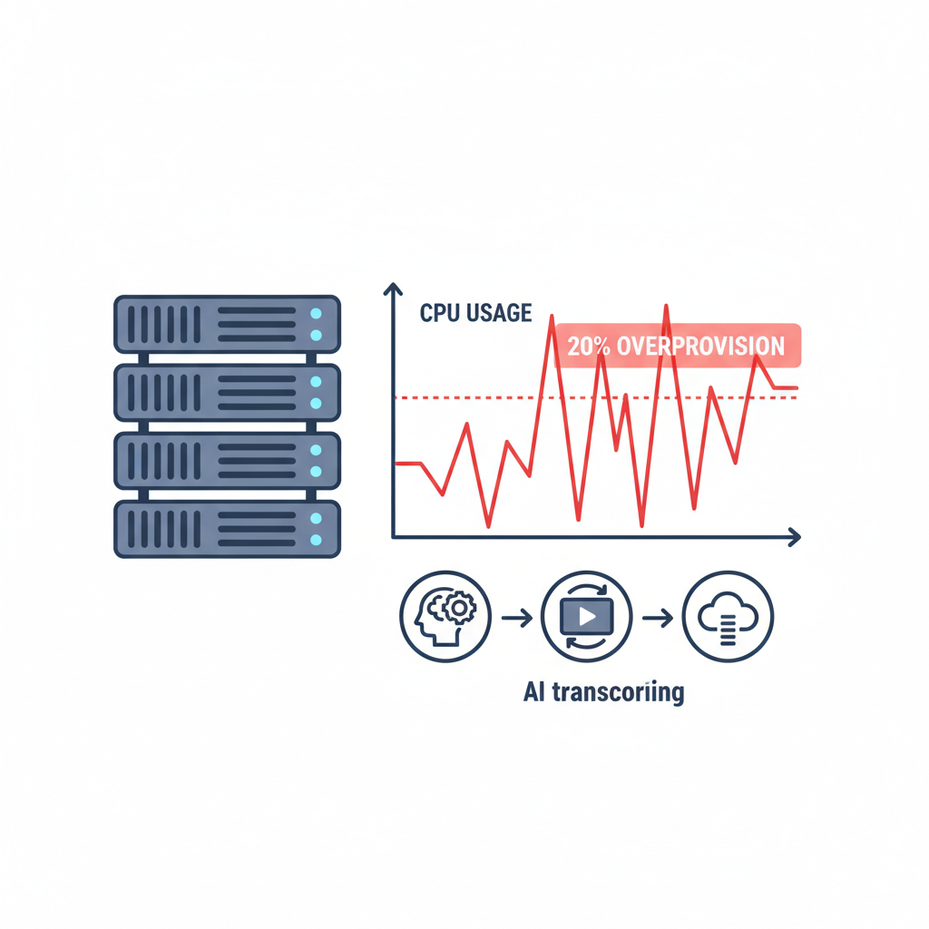 CPU usage graph spiking with 20% overprovision bar, AI transcoding icons, server rack illustration