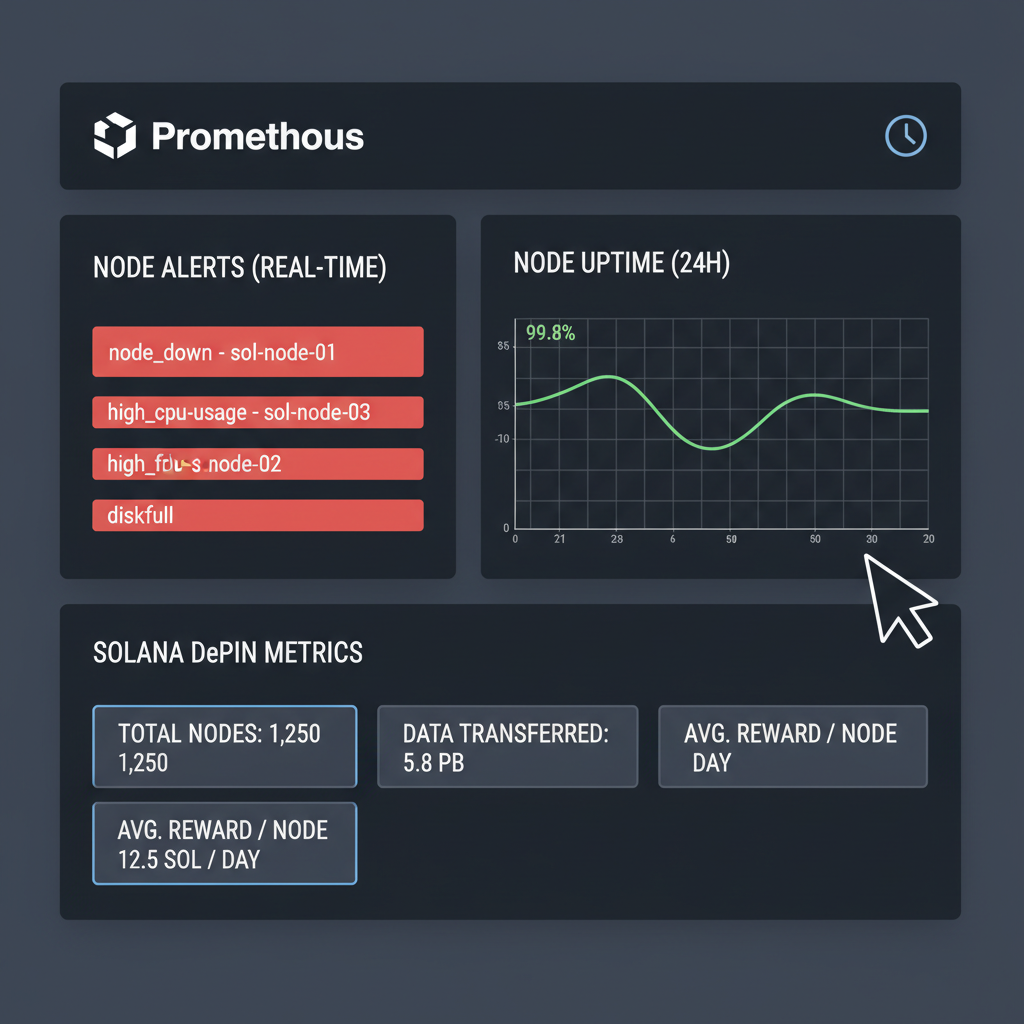 Prometheus dashboard real-time node alerts uptime graph, Solana DePIN metrics, dark mode UI