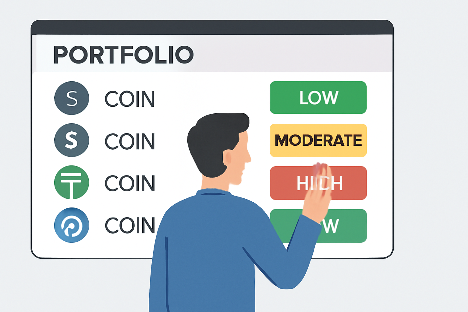 A person analyzing a portfolio of different stablecoins on a digital dashboard, highlighting risk levels for each coin, technical, finance-focused, clear visuals