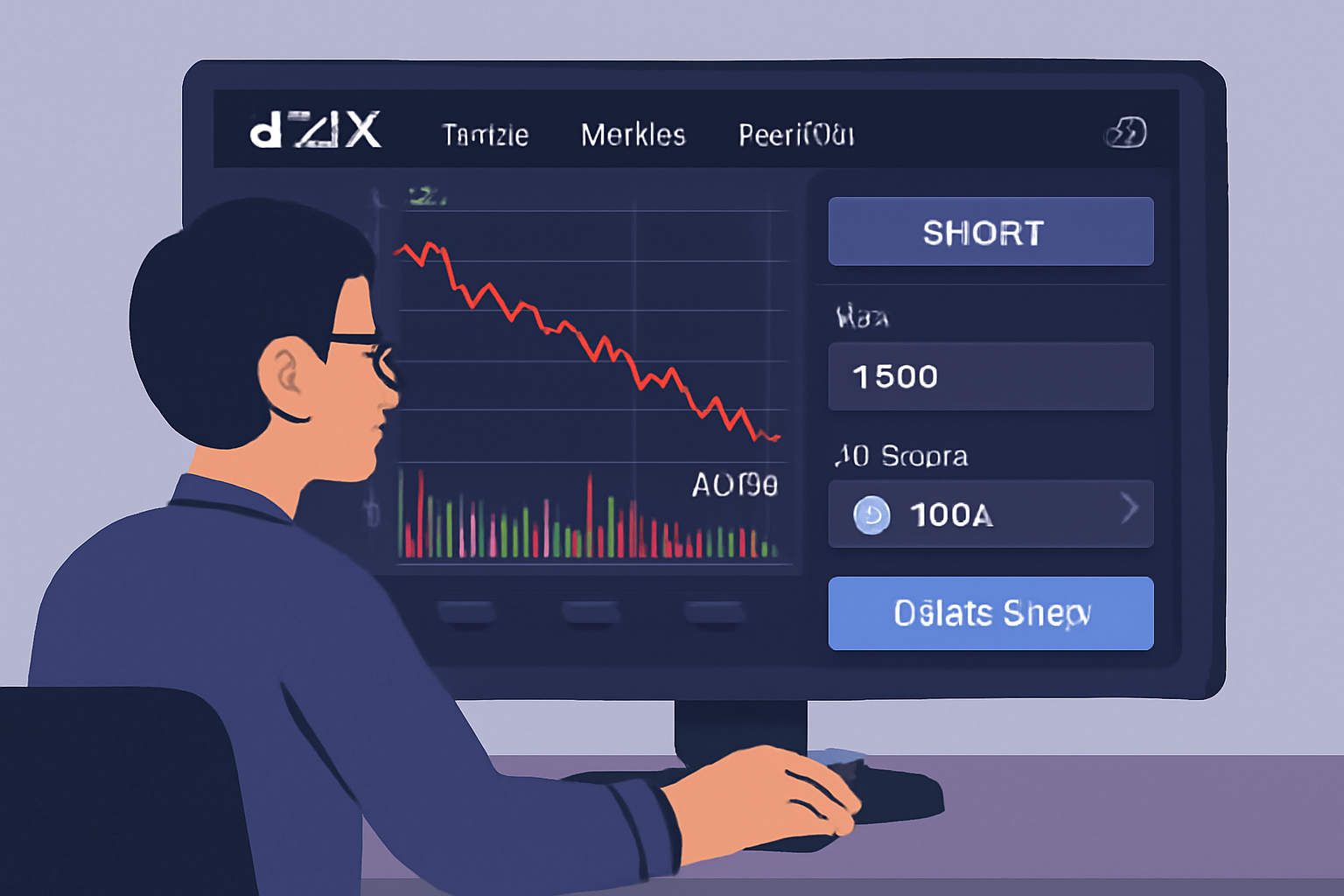 Trader opening a short position on a decentralized exchange (dYdX/GMX), with USDC price chart showing a drop below $1.00, technical, DeFi trading interface