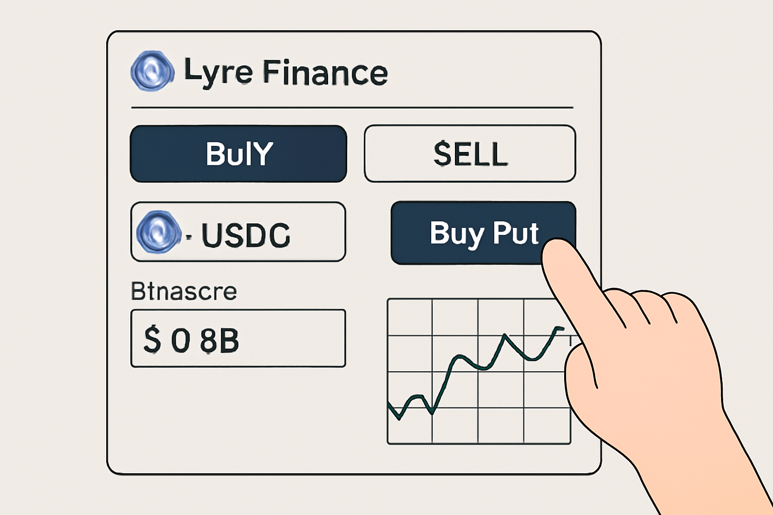 User purchasing a put option on Lyra Finance for USDC, with strike price set at $0.98, options trading interface, technical, clear visuals