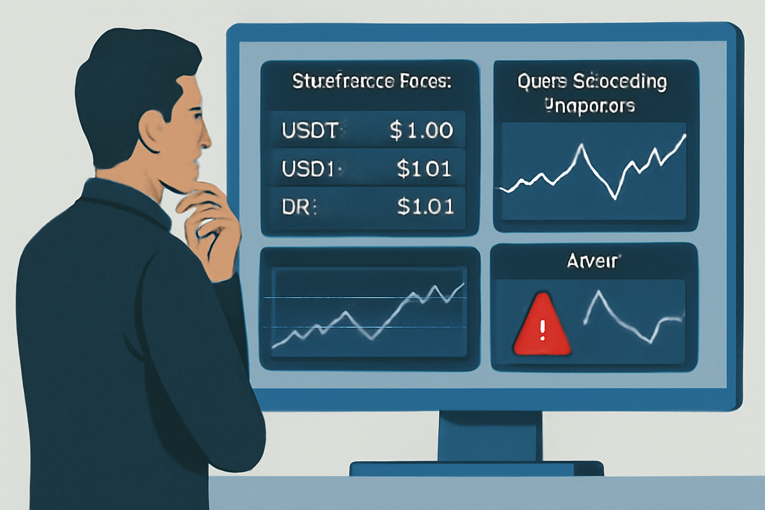 Investor reviewing a dashboard with real-time stablecoin prices, open derivative positions, and alerts for depeg events, modern, technical UI