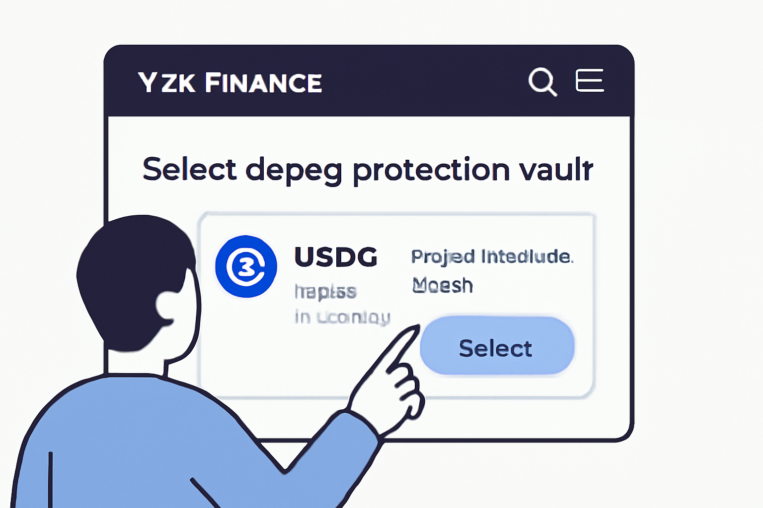User interacting with Y2K Finance interface, selecting a depeg protection vault for USDC, with a clear payout threshold displayed, DeFi app UI, modern style