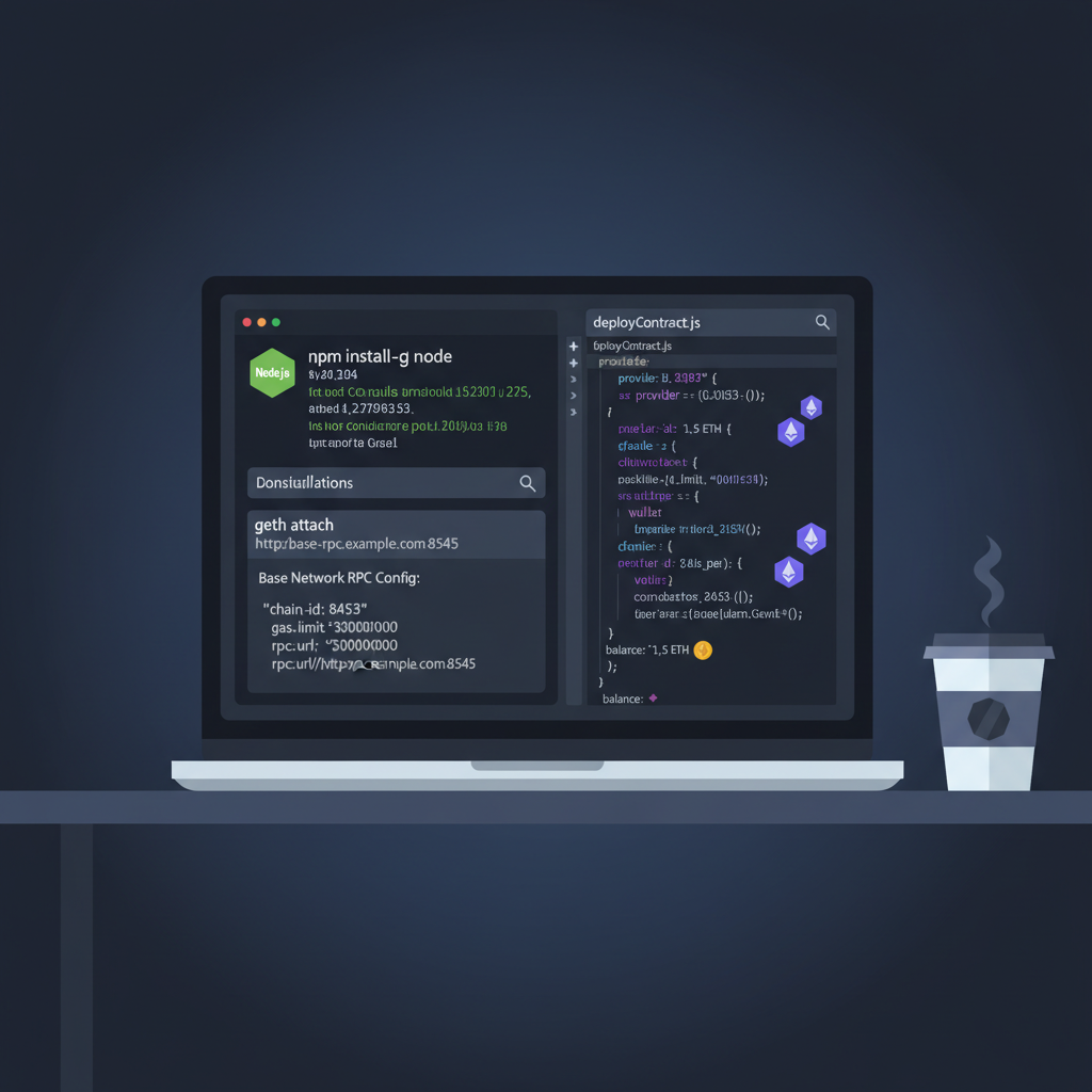 Developer terminal setup with Node.js install, Base network RPC config, Ethereum icons, clean dark theme code editor
